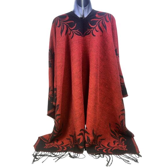 Cashmere Feel Boho Wrap Shawl Reversible Black Red Floral Black Fringe Soft Warm - Picture 3 of 8